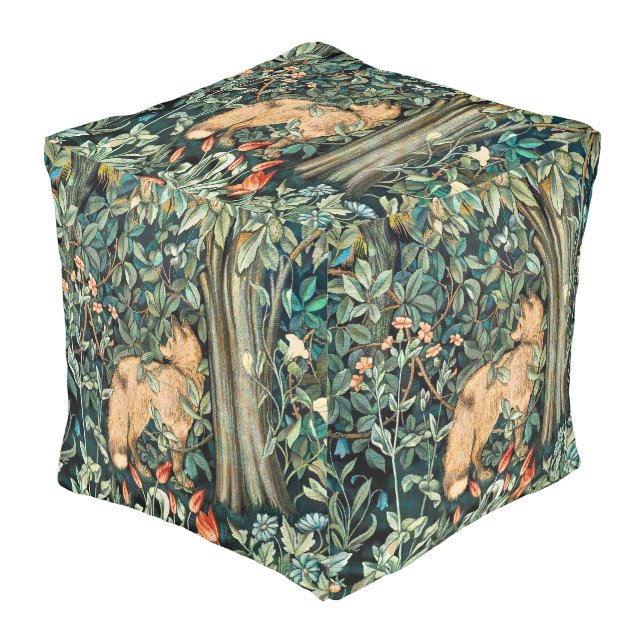 William Morris Antique Fox Forest Tapestry Art Pouf (Angled Front)