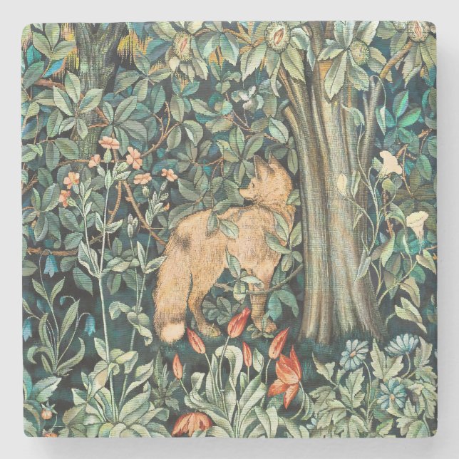 William Morris Antique Fox Forest Tapestry Art Stone Coaster (Front)