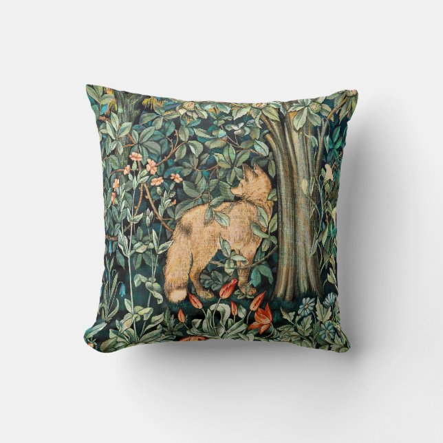 William Morris Antique Fox Forest Tapestry Art Throw Pillow (Front)