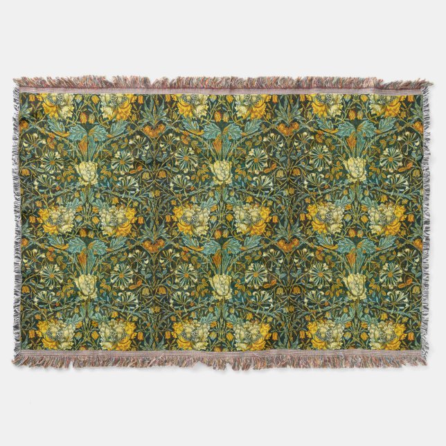 William Morris Antique Honeysuckle Floral Pattern Throw Blanket (Front)