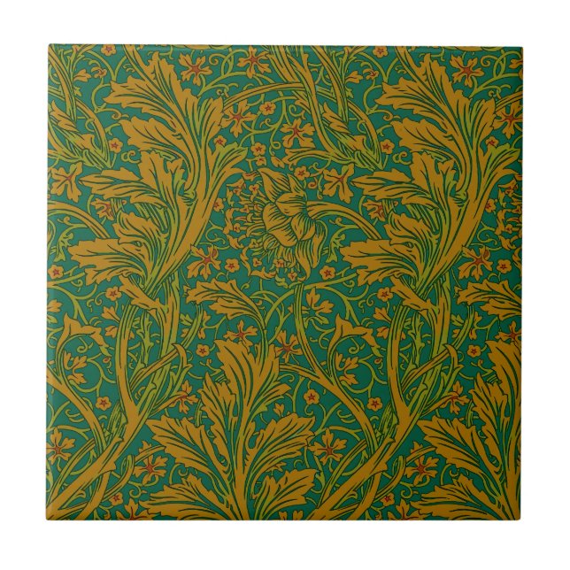 William Morris Arcadia Floral Pattern Green Golden Ceramic Tile (Front)