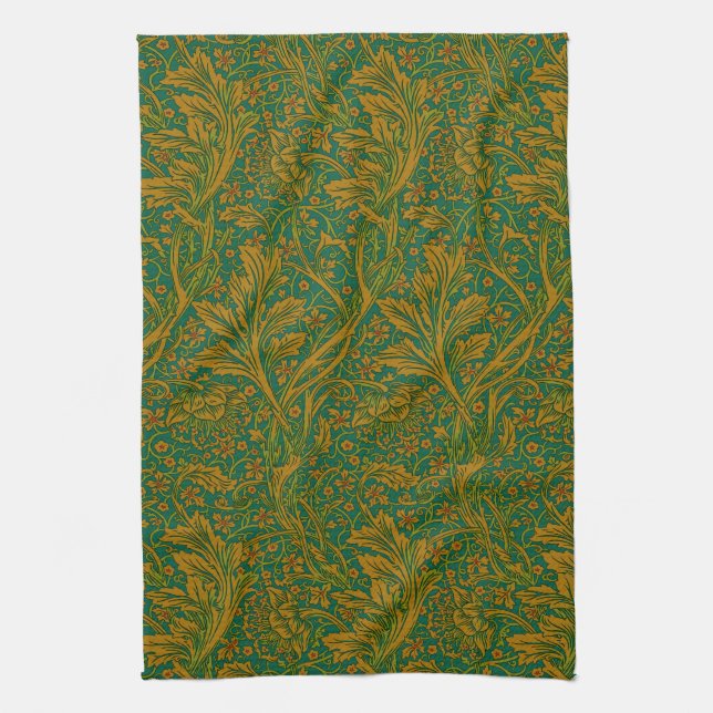 William Morris Arcadia Floral Pattern Green Golden Kitchen Towel (Vertical)