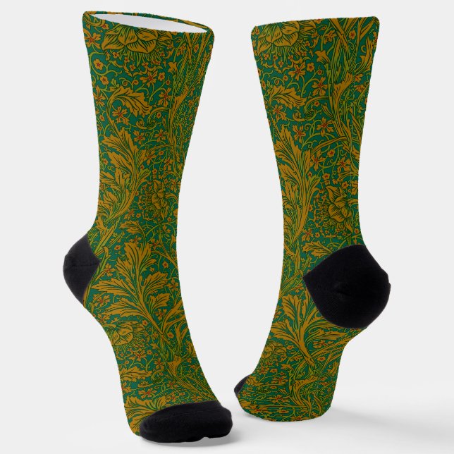 William Morris Arcadia Floral Pattern Green Golden Socks (Angled)