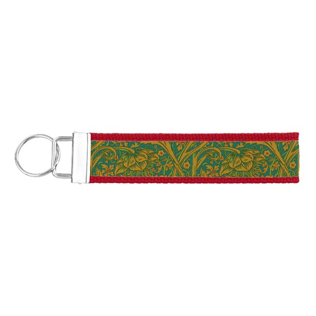 William Morris Arcadia Floral Pattern Green Golden Wrist Keychain (Keys on Left)