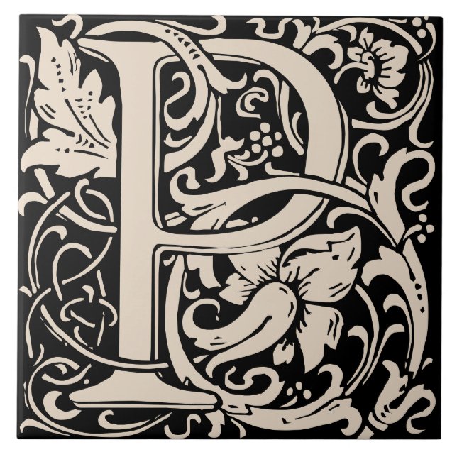 William Morris Art Nouveau Alphabet Leaf Letter P Ceramic Tile (Front)