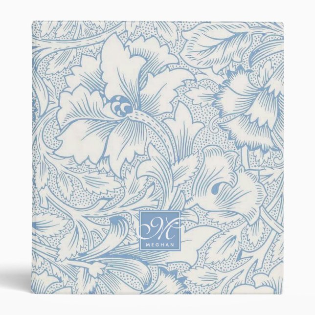 William Morris, Art Nouveau Blue Acanthus Monogram 3 Ring Binder (Front)