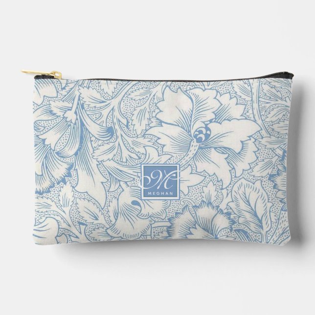 William Morris, Art Nouveau Blue Acanthus Monogram Accessory Pouch (Front)