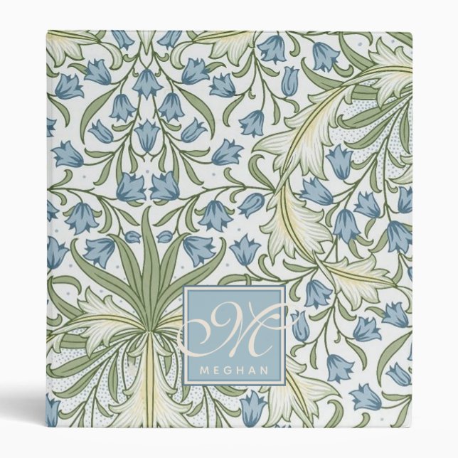 William Morris Art Nouveau Blue Bellfower Monogram 3 Ring Binder (Front)