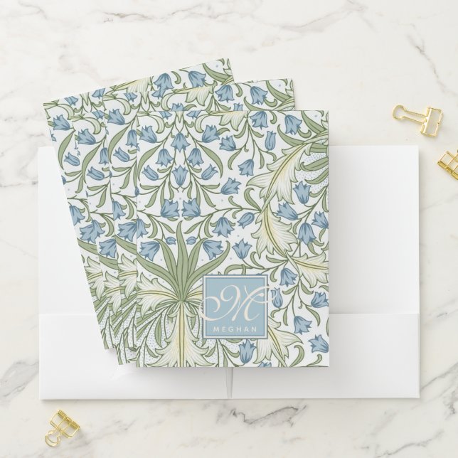 William Morris Art Nouveau Blue Bellfower Monogram Pocket Folder (In Situ)