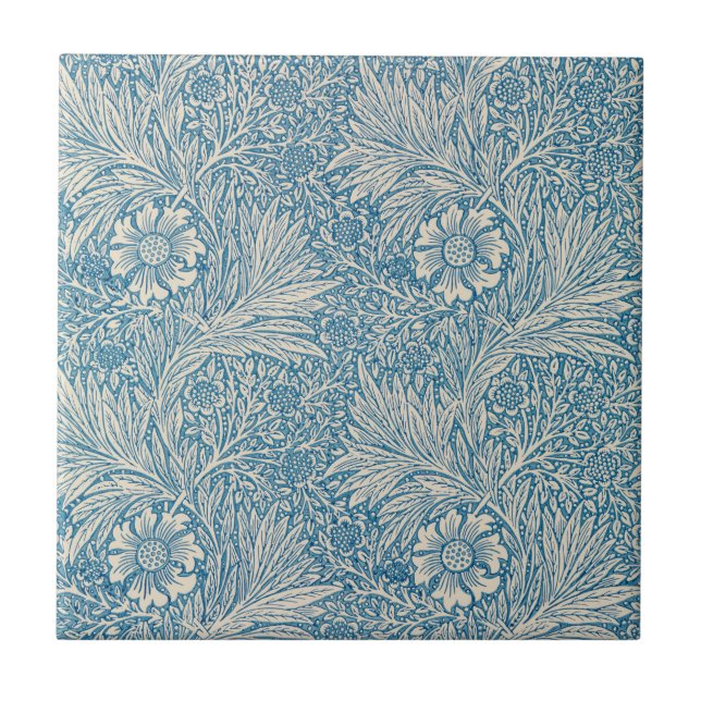 William Morris - Art Nouveau Blue Marigold Ceramic Tile (Front)