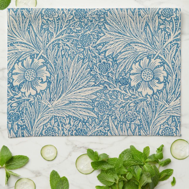 William Morris - Art Nouveau Blue Marigold Kitchen Towel (Folded)