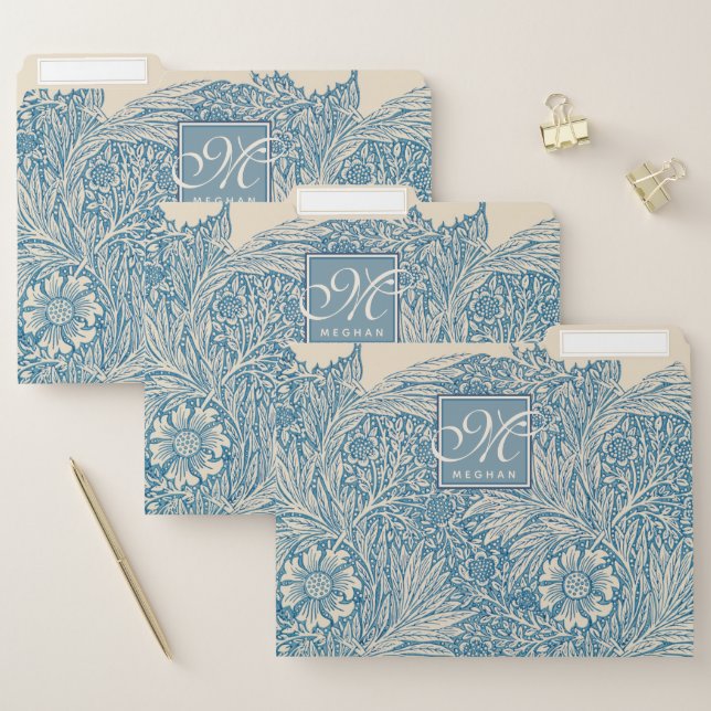 William Morris, Art Nouveau Blue Marigold Monogram File Folder (Set)