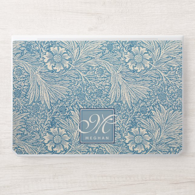 William Morris, Art Nouveau Blue Marigold Monogram HP Laptop Skin (Front)