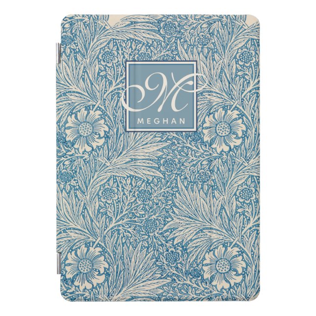 William Morris, Art Nouveau Blue Marigold Monogram iPad Pro Cover (Front)