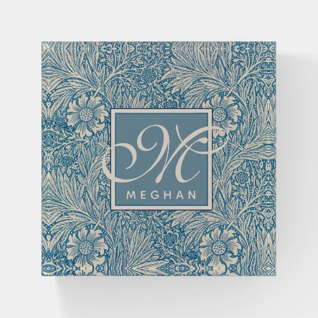 William Morris, Art Nouveau Blue Marigold Monogram Paperweight (Front)