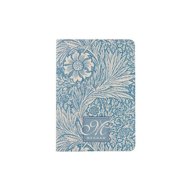 William Morris, Art Nouveau Blue Marigold Monogram Passport Holder (Front)
