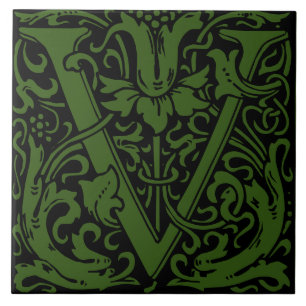 William Morris Art Nouveau Floral Initial Letter U Ceramic Tile