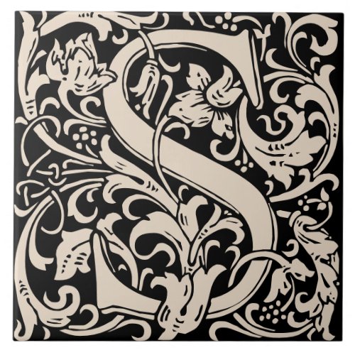 William Morris Art Nouveau Initial Vines Letter S Ceramic Tile