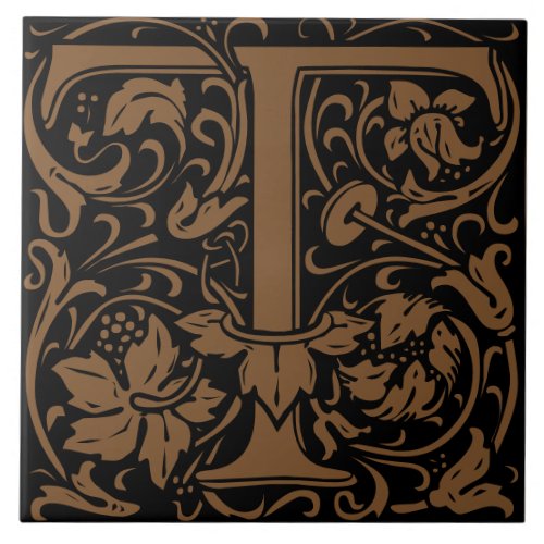 William Morris Art Nouveau Initial Vines Letter T Ceramic Tile