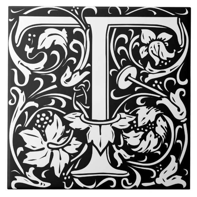 William Morris Art Nouveau Initial Vines Letter T Ceramic Tile (Front)