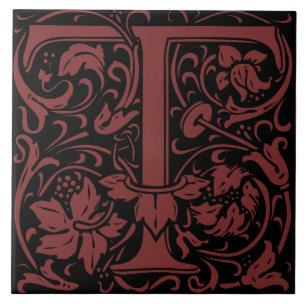 William Morris Art Nouveau Initial Vines Letter T Ceramic Tile