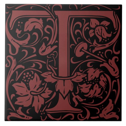 William Morris Art Nouveau Initial Vines Letter T Ceramic Tile