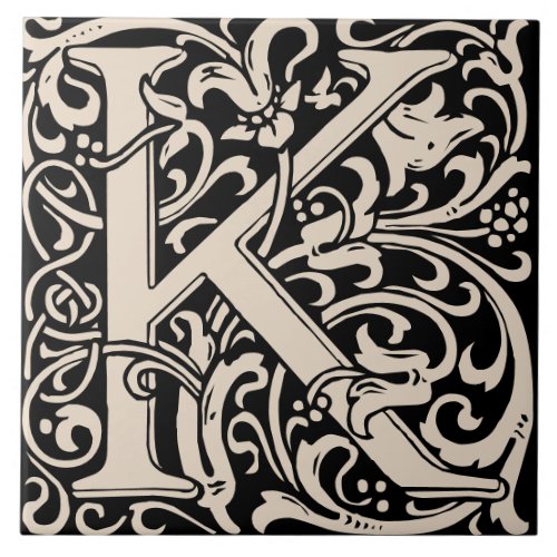 William Morris Art Nouveau Monogrammed Letter K Ceramic Tile
