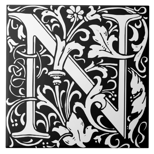 William Morris Art Nouveau Monogrammed Letter N Ceramic Tile (Front)