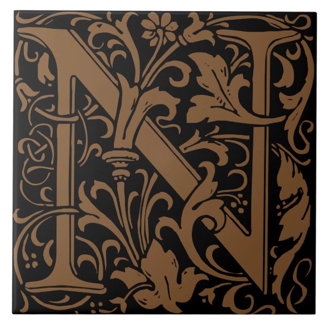William Morris Art Nouveau Monogrammed Letter N Ceramic Tile (Front)