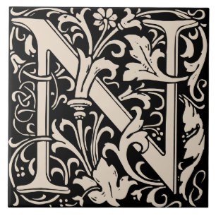 William Morris Art Nouveau Monogrammed Letter N Ceramic Tile