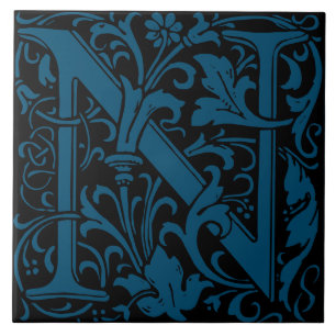 William Morris Art Nouveau Monogrammed Letter N Ceramic Tile