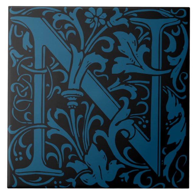 William Morris Art Nouveau Monogrammed Letter N Ceramic Tile (Front)
