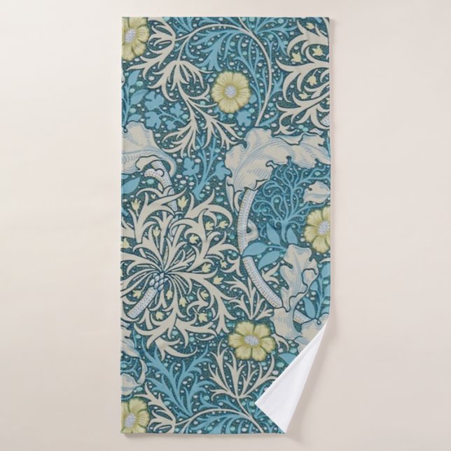 William Morris,art nouveau pattern, seaweed,blue,f Bath Towel (Bath Towel)