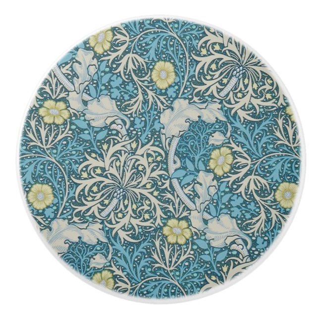 William Morris,art nouveau pattern, seaweed,blue,f Ceramic Knob (Front)