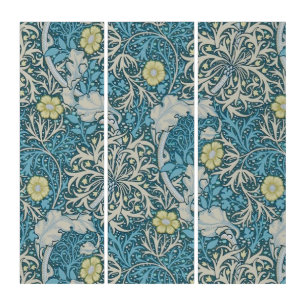 William Morris,art nouveau pattern, seaweed,blue,f Triptych