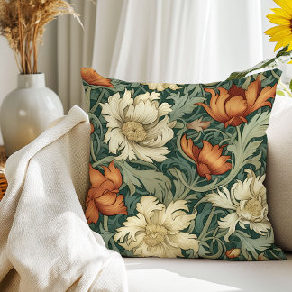 William Morris art nouveau terracotta ivory flower Throw Pillow