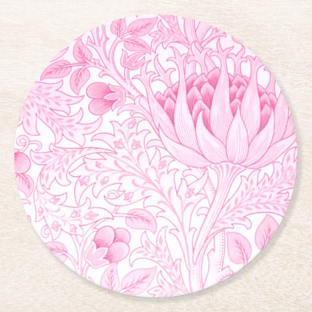 William Morris Artichoke Pale Pink Round Paper Coaster (Front)