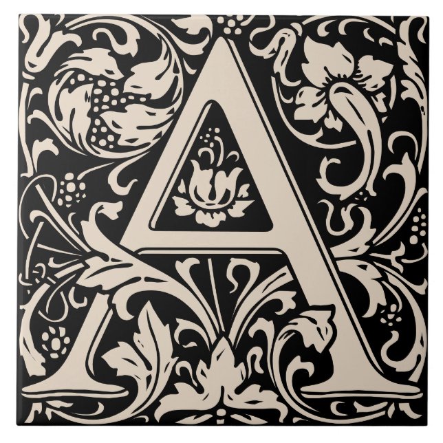 William Morris Arts and Crafts Monogram Letter A Ceramic Tile (Front)