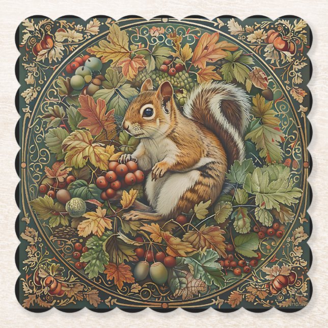 William Morris Autumn Chipmunk Leaves Berries Paper Coaster (Front)