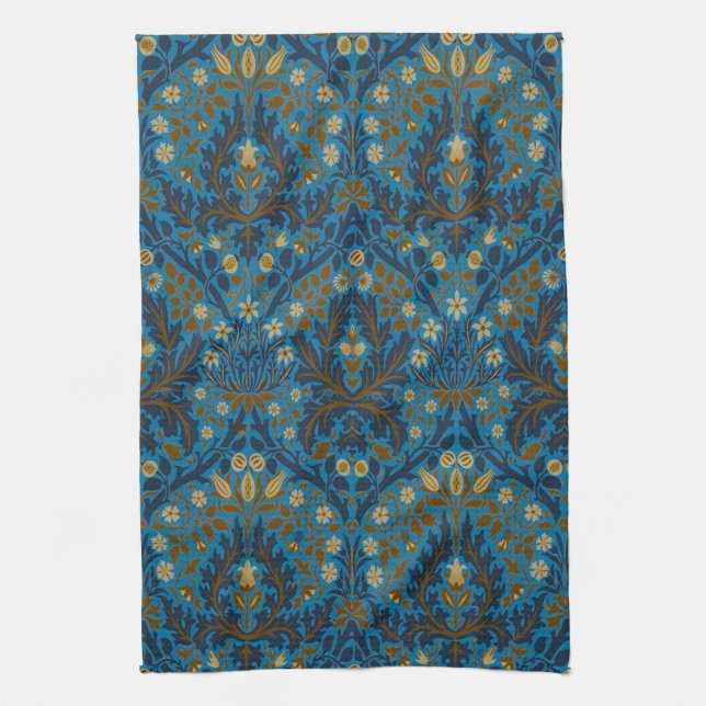 William Morris Autumn Flowers Pattern Seaside Blue Kitchen Towel (Vertical)