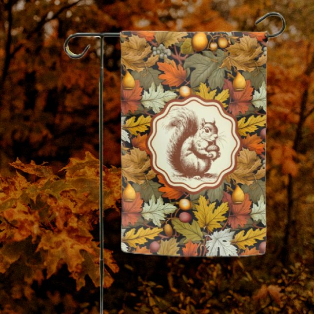 William Morris Autumn Leaves with Squirrel Retro  Garden Flag (Classic autumn leaf fabric design with vintage squirrel illustration.)