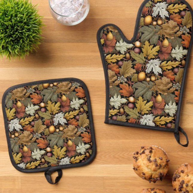 William Morris Autumn Leaves with Squirrel Retro  Oven Mitt & Pot Holder Set (Ready for the autumn holiday cooking!)