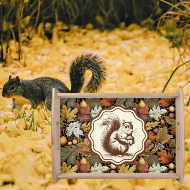 William Morris Autumn Leaves with Squirrel Retro  Serving Tray (Wooden serving trays. 2 sizes, 2 colors)
