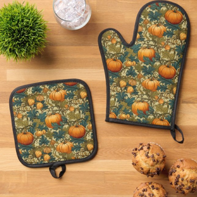 William Morris Autumn Pumpkin Patch Retro  Oven Mitt & Pot Holder Set (William Morris Autumn Pumpkin Patch in the kitchen!)