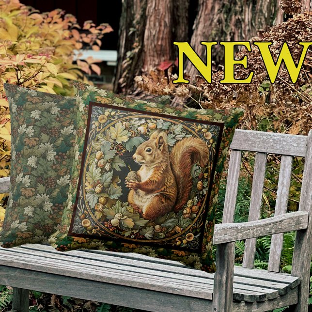 William Morris Autumn Squirrel Fall Acorn Throw Pillow (Creator Uploaded)