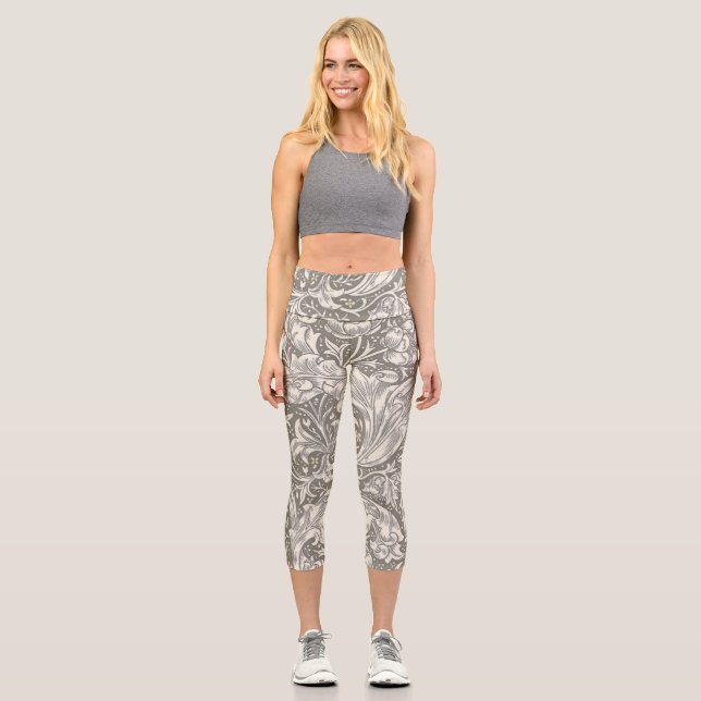 William Morris Bachelor's Button antique damask Capri Leggings (Front)