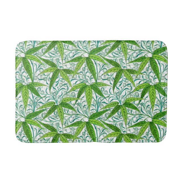 William Morris Bamboo Print, Green and White Bathroom Mat (Front)