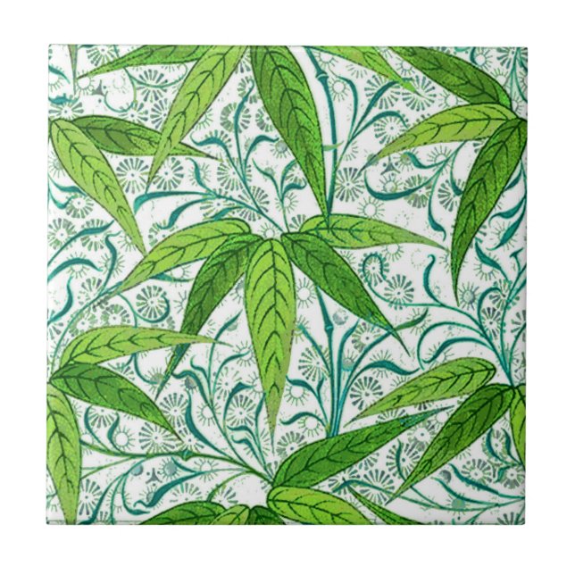 William Morris Bamboo Print, Green and White Ceramic Tile (Front)