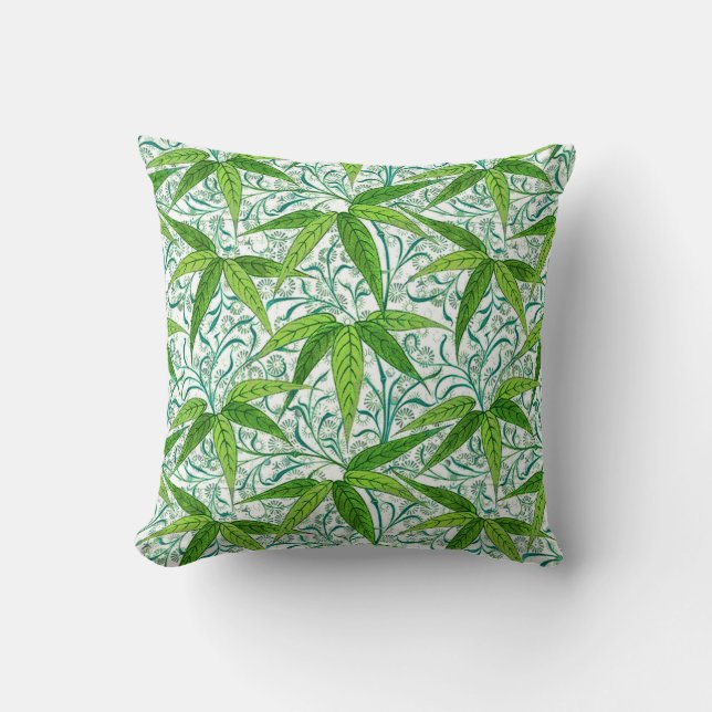 William Morris Bamboo Print, Green and White Throw Pillow (Front)