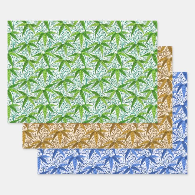 William Morris Bamboo Print, Green, Gold & Blue  Wrapping Paper Sheets (Set)